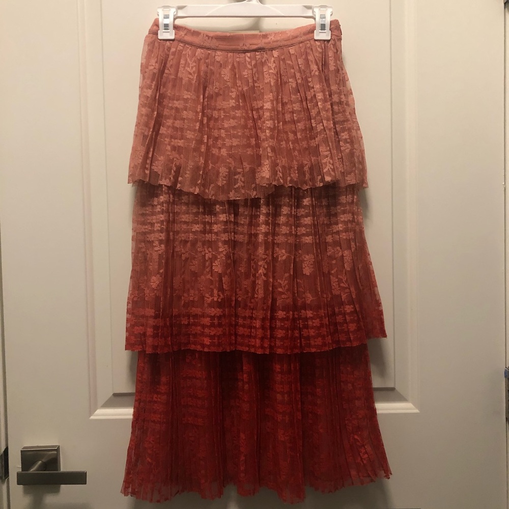 Anthropologie Maeve Brighton Pink Red Tier Lace Skirt 0 - Picture 4 of 5